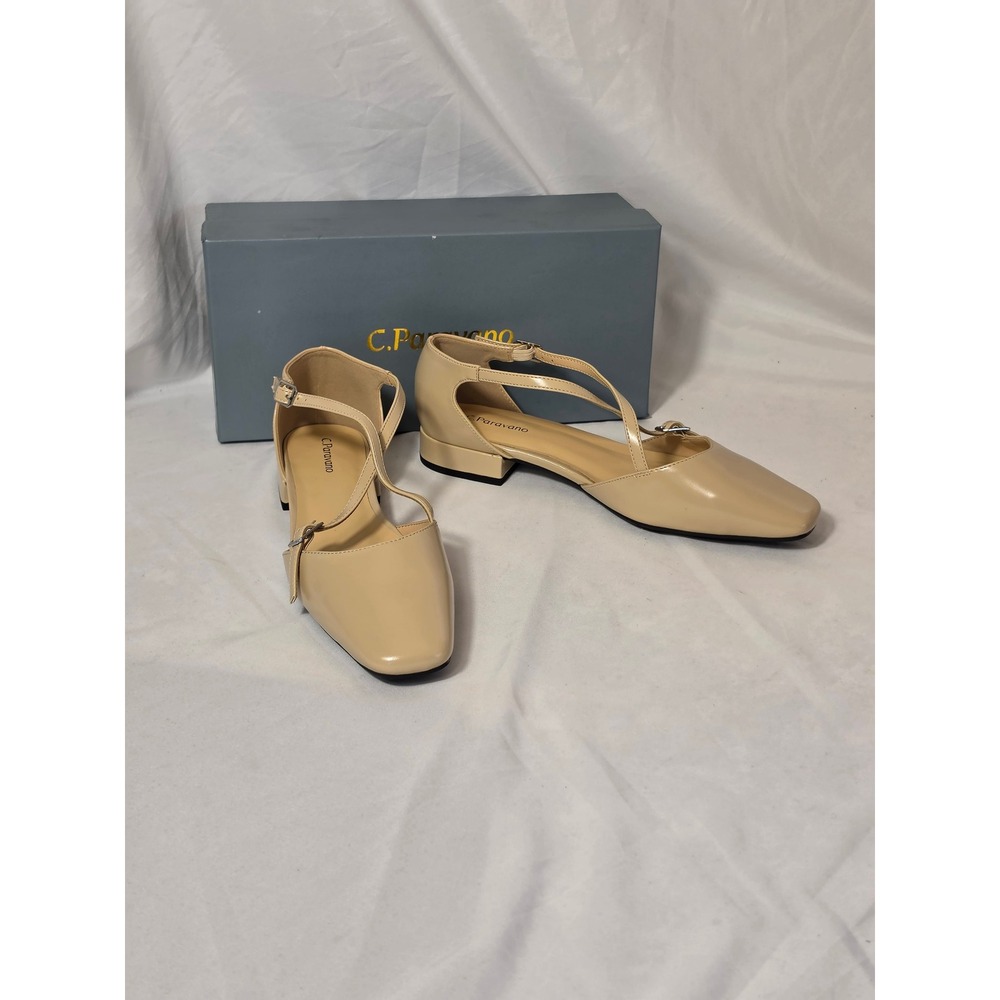C. Paravano Beige Leather Mary Jane Flats Square Toe Criss Cross Strap Size 38.5